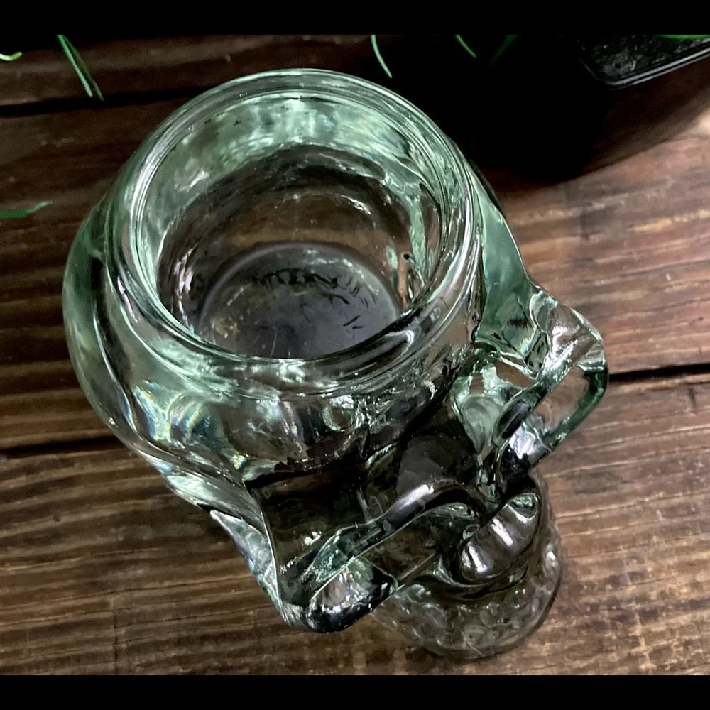 Glass Votive Crystal Skull Green Clear Glass Tea Light Holder Halloween